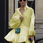 Urban Puff Sleeves Buttoned Split-Joint Solid Color Lapel Mini Dresses Shirt Dress