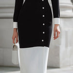 High Waisted Long Sleeves Buttoned Contrast Color Split-Front Split-Joint Lapel Midi Dresses