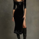 Embroidered Velvet High-Slit Midi Dress