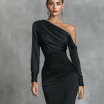 Women's Black Elegant Satin One - Shoulder Ruched Mermaid Maxi Dress