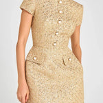 Gold Standard Tweed Fabric Pearl Button Short Sleeve Pocketed Mini Dress