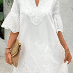 Solid Color Hollow Embroidery Casual Lace V-Neck Mini Dress