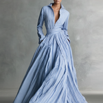 Women's Striped Polyester-cotton Blend Shirt Collar Belt Maxi Dress