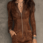 Vintage Caramel Brown Lace Trim And Zip Front Suede Mini Dress