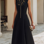 Embroidered Stand-Collar Zip-Front Midi Dress
