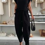 Leva Linen Blend Drawstring Short Sleeve Top and Elastic Waist Pocket Loose Tapered Pants