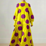 Long Sleeves Loose Big Hemline Contrast Color Pleated Polka Dot Split-Joint Half Turtleneck Maxi Dresses