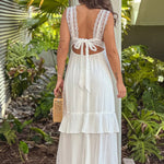 OFF WHITE MAXI DRESS WITH LACE TOP AND BACK BOW