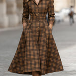 High Waisted Three-Quarter Sleeves Belted Buttoned Plaid Pleated Pockets Lapel Midi Dresses