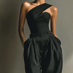 Women's Black High-stretch Knit One-Shoulder Top & High-waist Tapered Pleated Pants