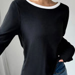 Black Knitted Bow Tie Back Round Neck Long Sleeve Top