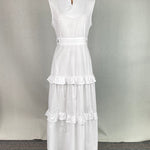 A-Line High Waisted Buttoned Pleated Pockets Solid Color Split-Joint V-Neck Maxi Dresses