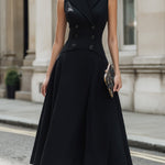 Tailored Sleeveless Double-Breasted Vest Midi Dress