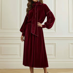 Long Sleeves Puff Sleeves Bow-Embellished Pleated Solid Color Split-Joint Tied Half Turtleneck Blouses&Shirts Tops