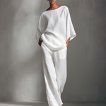 Women's Relaxed Linen-Blend White Boat-Neck Batwing-Sleeve Oversized Top & Wide-Leg Pants Set