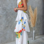 REFRESHING FLORAL PRINT BACK LACE-UP MULTI-TEIR RUFFLE HEM MAXI DRESS