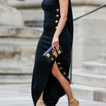 Loose Sleeveless Solid Color Split-side Shawl Collar Maxi Dresses