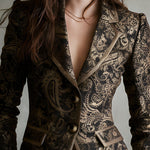 Quiet Luxury Paisley Jacquard Wrapped Lapels Fitted Blazer