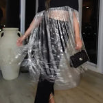 New Level Shiny Tassel Stand Neck Crop Cape Blouse