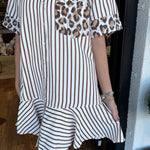 Women's Striped Animal Print Contrast Button Down Dress
