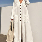 Long Sleeves Loose Buttoned Pockets V-Neck Jumpsuits