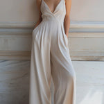 Ivory V-Neck Tailored Wide-Leg Jumpsuit