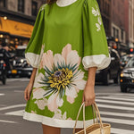 A-Line Loose Flower Print Pleated Round-Neck Mini Dresses