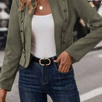 Stand Collar Open Front Button Decor Jacket