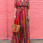 Long Sleeves Loose Split-Joint Striped Lapel Maxi Dresses Shirt Dress
