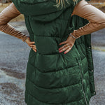 Hooded Pocketed Quilted Long Vest Coat