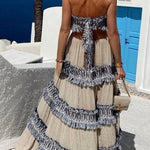 Ultimate Island Linen Blend Fringed Patchwork Cutout Halter Maxi Dress