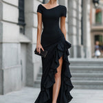 Asymmetric One-Shoulder Ruffle Slit Evening Dress