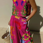 Island Dreaming Linen Blend Unique Print Tank and Elastic Waist Pocketed Pants Set