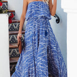 Summer Picnic Printed Elastic Waist Strapless Tie Maxi Dress