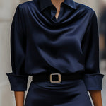 Elegant Satin Draped-Collar Midi Dress With Black Belt
