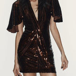 Holiday Inspiration Sequin Short Bell Sleeve Drape Scarf-style Mini Dress