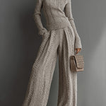 Women's Taupe Elegant Knit Textured Sweater & Wide - Leg Pants Set