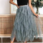 Fashionable solid color puffy mesh high waist slimming skirt