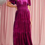 Red Dahlia Velvet Short Sleeve Shirred Waist Tiered Maxi Dress