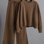 Urban Loose Long Sleeves Solid Color Round-Neck High-Low Sweater Tops & Wide Leg Pants Suits