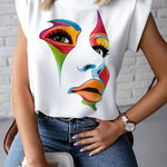 Cap Sleeve Loose Multi-Colored Printed High-Neck T-Shirts Tops