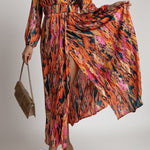 Fashion Print V Neck Long Sleeve Belt Belt Dress