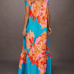 A-Line Loose Elasticity Flower Print Pleated Split-Joint Off-The-Shoulder Maxi Dresses