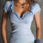 Romantic Boho Ribbed Ruffle Neck Fitted Top – Soft Sky Blue