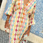 Elegant Printed V-neck Lantern Sleeve Dress
