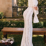Floral Lace Off Shoulder Flare Sleeve Fishtail Maxi Dresses-White