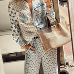 Stylized Dragon Satin Unique Print Long Sleeve Loose Shirt and Elastic Waist Pants Set