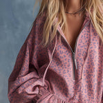 Elegant Western Hooded Front Zipper Ruffled Hem Pink Leopard Print Fuax Suede Mini Dress