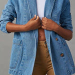 Notch Lapel Button Front Pocketed Denim Blazer