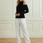Long Sleeves Skinny Buttoned Pleated Ribbed Knit Cold Shoulder Knit Top